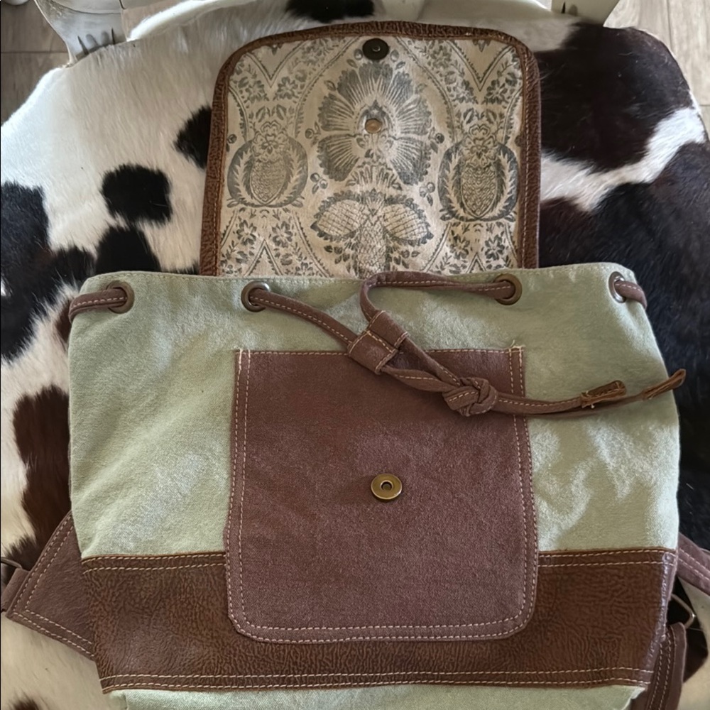 Brown And Cream Patterned Myra Backpack With Leat… - image 4